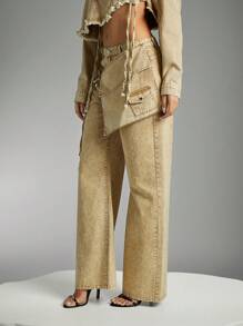 Fall, Women Khaki Low-Waisted Wide-Leg Denim Trousers With Tie-Up Features And Functional Pocket Details. For Concerts, Performances, Music Festivals - Khaki - View 7