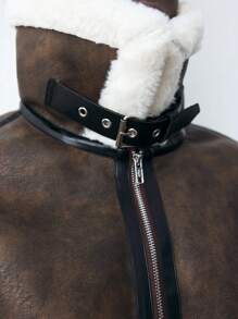 Maija 女士棕色皮革与毛皮拼接长袖前拉链休闲简约飞行员夹克，秋冬款