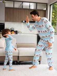 2 件装小男孩可爱企鹅家庭印花长袖 T 恤和裤子贴身睡衣套装 - 淺藍色 - 查看 3