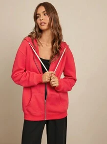 WESTFADE Summer 70% Cotton Fleece Two Tone Contrast Trim Zip Front Long Sleeve Oversized Boyfriend Hoodie