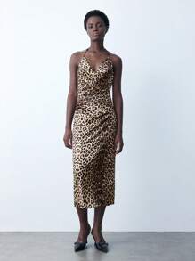 Maija Váy hở lưng họa tiết động vật có dây buộc cổ dành cho nữ, đi nghỉ - Màu Khaki - Xem 4