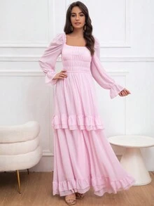 Eilly Bazar 女士春季褶皱蓬松长袖褶皱收腰长裙，情人节公主风，优雅场合礼服，新娘送礼会礼服婚纱，新娘