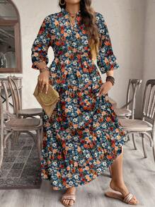 EMERY ROSE 复古碎花 V 领长袖褶皱女式连衣裙，适合秋季 - 彩色 - 查看 4