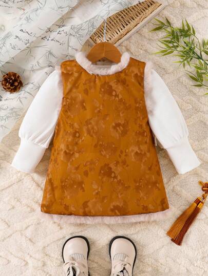 Baby Girl Vintage Thick Warm Dress With Long Sleeve T-Shirt 2pcs Suit, Autumn Winter