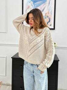 EURMUSE Women's Asymmetric And Pon Pon Knit Pattern Detailed Sweater - Brown - View 4