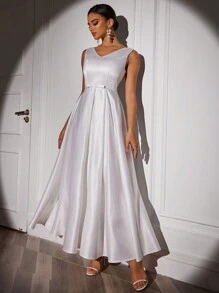 SHEIN Belle 女士纯色简约日常无袖婚纱，白色优雅新娘礼服 - 白色 - 查看 8