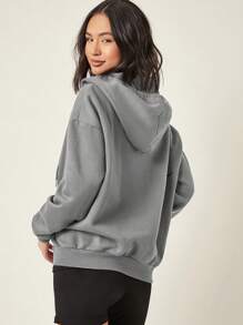 EURMUSE Drop Shoulder Zip Up Drawstring Thermal Hoodie - Grey - View 2