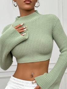 Flirla Suéter ajustado de manga larga con cuello alto de unicolor, otoño/invierno para mujeres
