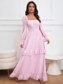 Eilly Bazar 女士春季褶皱蓬松长袖褶皱收腰长裙，情人节公主风，优雅场合礼服，新娘送礼会礼服婚纱，新娘