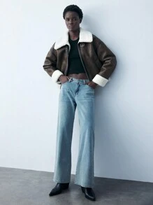 Maija 女士棕色皮革与毛皮拼接长袖前拉链休闲简约飞行员夹克，秋冬款