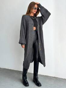 SHEIN PETITE Petite Cable Knit Drop Shoulder Cardigan - Dark Grey - View 4