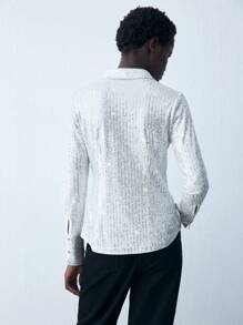 Maija 女式白色收腰纯色长袖休闲衬衫，配亮片装饰 - 銀色 - 查看 2