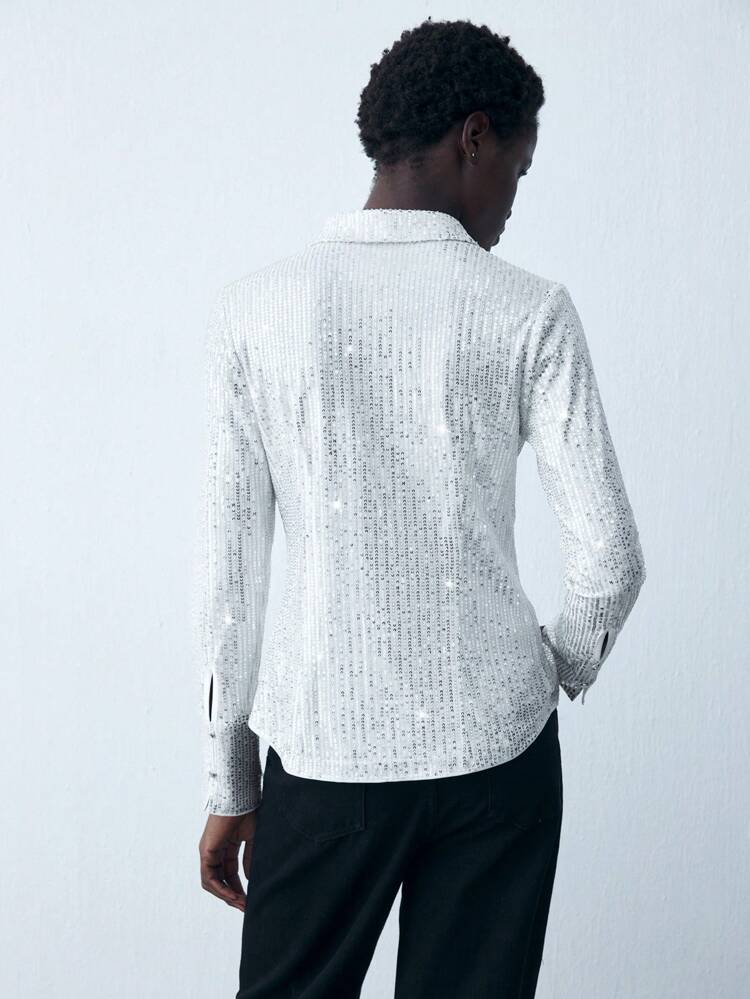 SHEIN Maija Women's White Waist-Cinched Solid Color Long Sleeve Casual Shirt With Sequin Decor