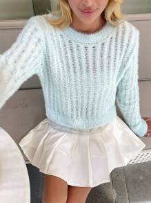 EURMUSE Women Distressed Detaild With Hairy Yarn Sweater - Mint Blue - View 4