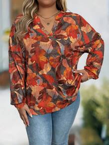 EMERY ROSE 大码女式树叶印花 V 领长袖休闲上衣，春秋季 - 黃色 - 查看 5