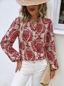 Breezaya Women Floral Print Lantern Sleeve V-Neck Elegant Blouse