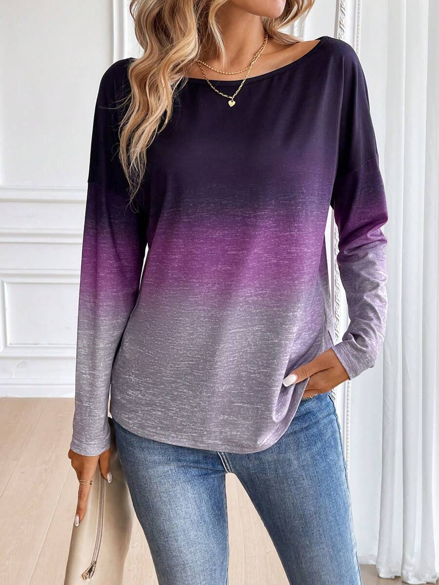 SHEIN LUNE Ombre Drop Shoulder Tee Graphic Tees Women Tops - Purple - View 1