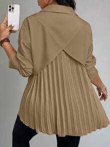 EMERY ROSE Plus Size Women's Solid Dropped Shoulder Long Sleeve Pleated Hem Casual Blouse Women Shirt - Khaki - View 4