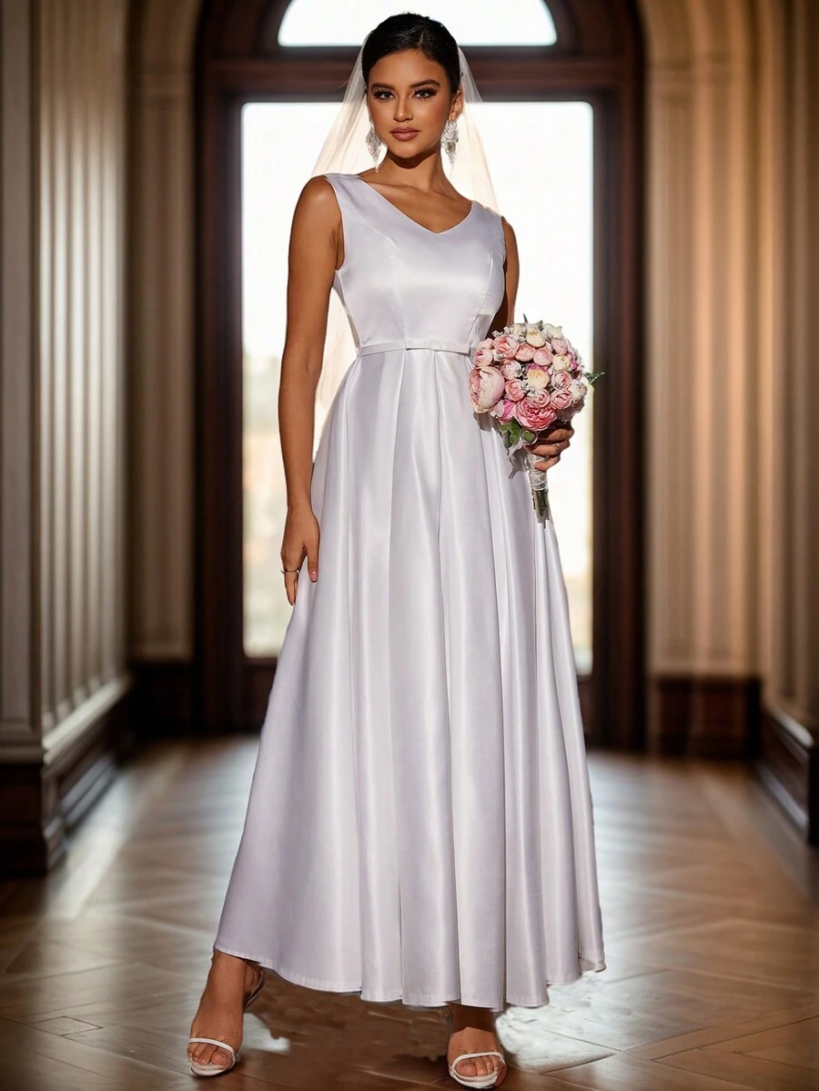 SHEIN Belle 女士纯色简约日常无袖婚纱，白色优雅新娘礼服 - 白色 - 查看 1