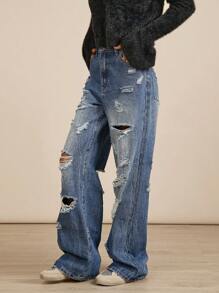 Premium 91% Cotton Denim Ripped High Rise Baggy Wide Leg Jeans - Dark Wash - View 3