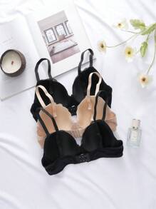 3 piezas Conjunto de sujetadores sexy, romántico, casual, cómodo, de encaje, con parches, con aros, levantador, push up, ajustable