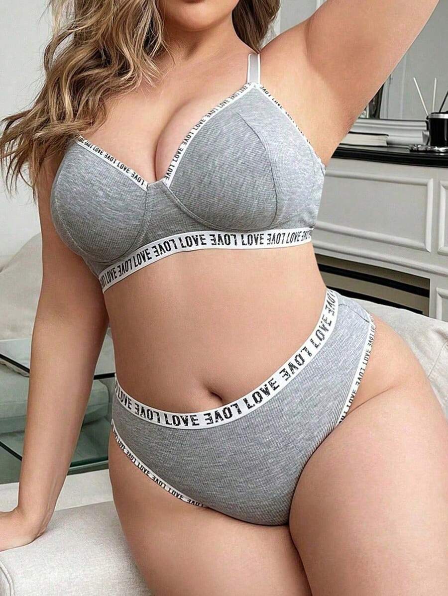 Plus Size Women's Letter Patchwork Elastic Band Comfy Lingerie Set - Grey - View 1