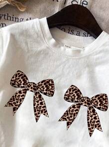 SHEIN Retro Leopard Print Bow Young Girl Casual Round Neck Short Sleeve T-Shirt, Suitable For Spring And Summer - White - View 3