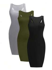 SHEIN LUNE 大码女式纯色圆领修身吊带背心连衣裙，夏季 - 彩色 - 查看 1