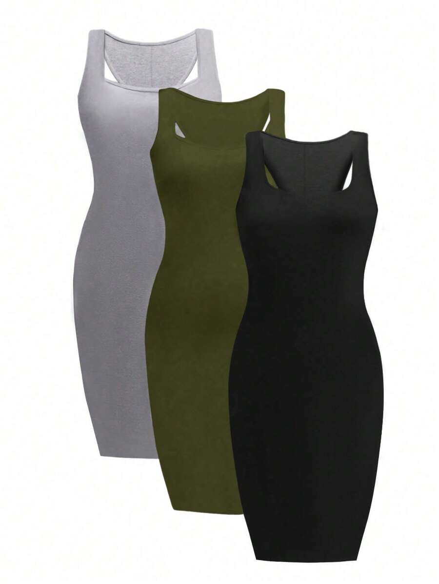 SHEIN LUNE 大码女式纯色圆领修身吊带背心连衣裙，夏季 - 彩色 - 查看 1