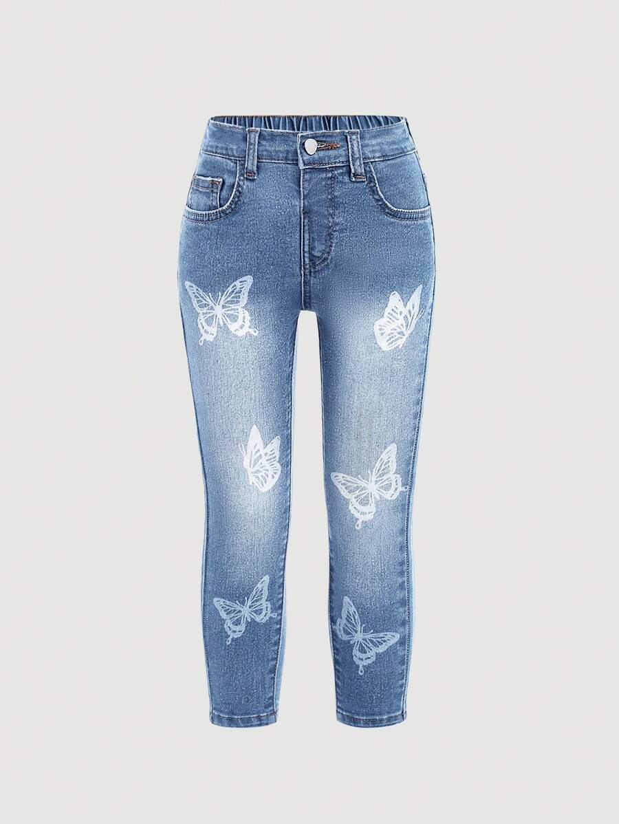 SHEIN Young Girl Casual Mid-Rise Butterfly Printed Leggings Jeans Summer Outfits Back To School Clothes - Light Wash - View 1