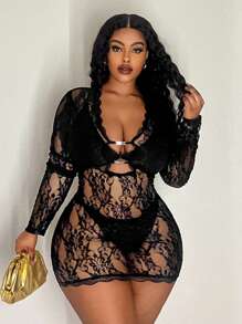 Maweii 大码蕾丝拼布透明迷你连衣裙 - 黑色 - 查看 1