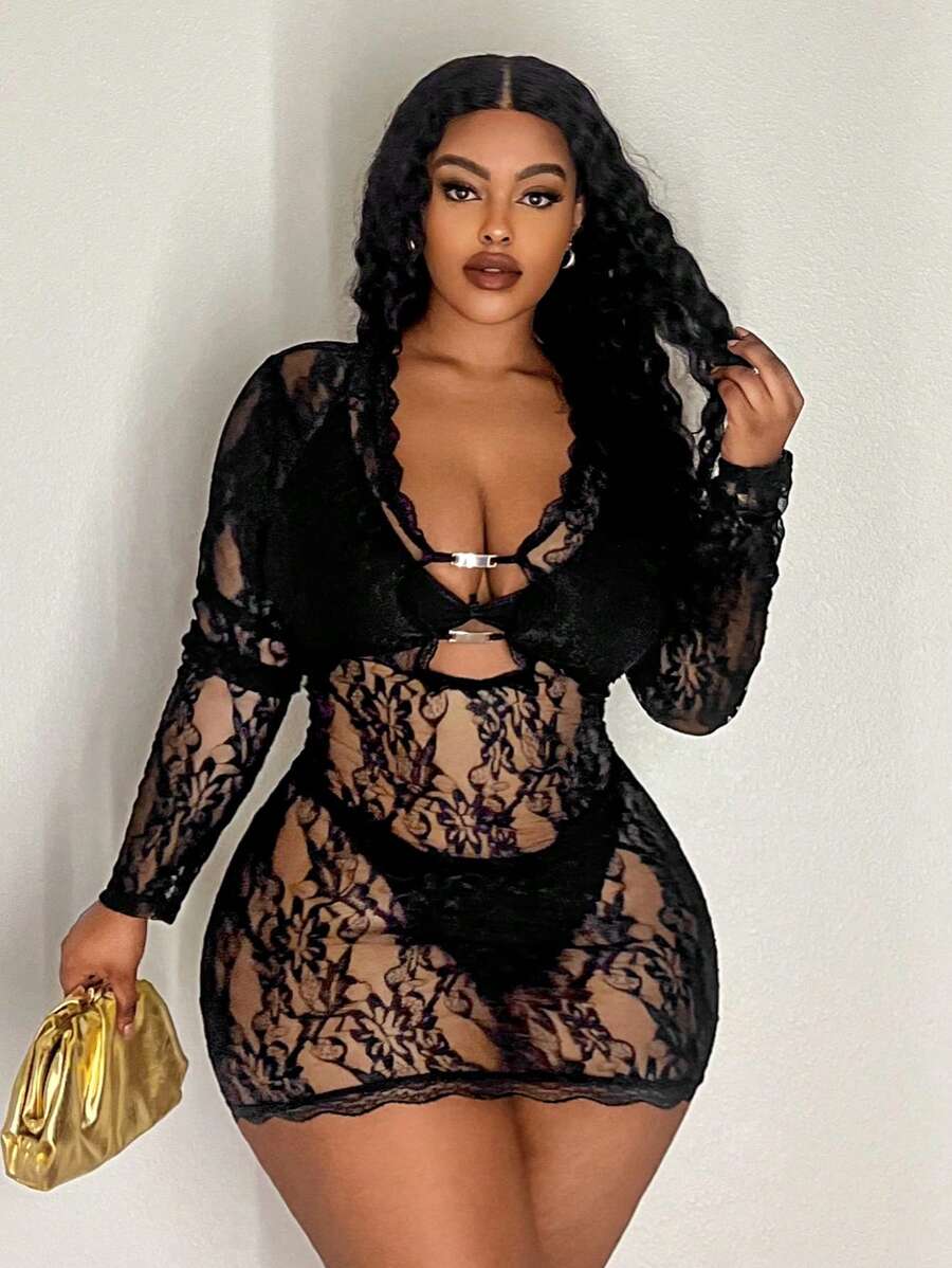 Maweii 大码蕾丝拼布透明迷你连衣裙 - 黑色 - 查看 1