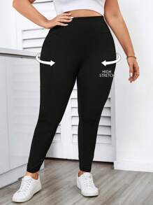 Elenzga Plus Size Solid Color Loose Waist Side Pocket Leggings Fall Cloth For Women - Black - View 6