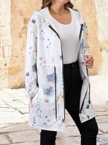 大码女式花卉印花落肩长袖拉链休闲连帽外套，秋冬 - 彩色 - 查看 3