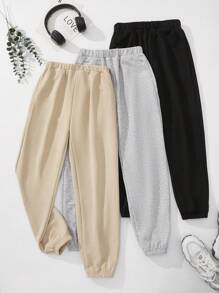 SHEIN Tween 女童休闲运动运动裤舒适内绒保暖慢跑裤套装，适合旅行、上学、日常聚会、秋冬，黑色/灰色/卡其色 - 彩色 - 查看 3