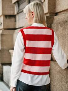 Skyraze Women's Red Striped Knitted Casual Vest For Fall/Winter Red Top Women Tops Women Sweater Vest Hollowed Costumes Geometric Pattern - Red - View 2