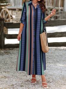 EMERY ROSE Women's Contrast Stripe Print Button Front Innovative Dress Maxi Women Outfit - Multicolor - View 3