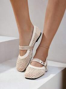 Styleloop Women's Casual Round Toe Flat Shoes, Beige Woven Mesh Fabric, Fashion Minimalist Design, Comfortable Breathable Buckle Strap Loafers Spring Shoes Spring Break Easter