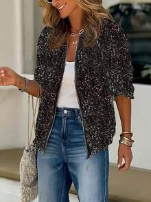 Glitter Decor Zip-Up Jacket For Women - Gold - View 4