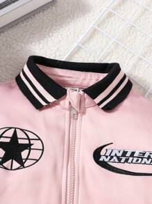 Tween Girls' Stylish Contrast Color Letter & Star Embroidered Baseball Jacket - Baby Pink - View 5