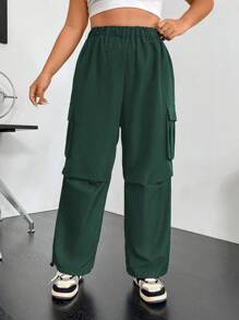 Flirla Quần túi hộp kiểu Mỹ cổ điển màu trơn cỡ lớn cho nữ - Màu xanh lá cây đậm - Xem 3