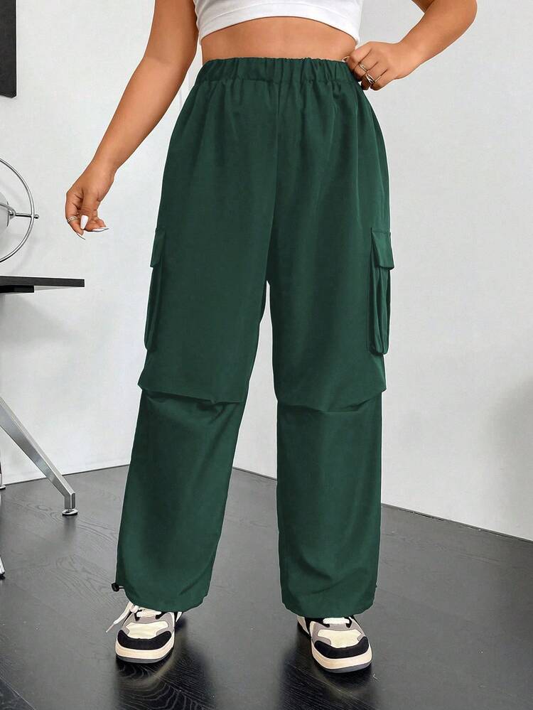 Flirla Quần túi hộp kiểu Mỹ cổ điển màu trơn cỡ lớn cho nữ - Màu xanh lá cây đậm - Xem 3