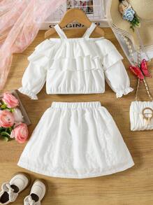 Baby Girls' Long Sleeve Ruched Camisole Top With Ruched Cuffs & Embroidered Long Skirt, Stylish Outfit - White - View 2