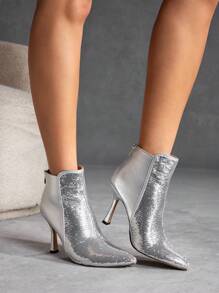 CUCCOO SZL Gợi cảm Và Đúng mốt Màu bạc Long lanh Pointed Toe Giày bốt ngắn Với 9.5cm Giày cao gót , Dây kéo bên Khép kín , Giải trí Phong cách , Đối với phụ nữ In Mùa thu Và Mùa Đông - Bạc - Xem 8