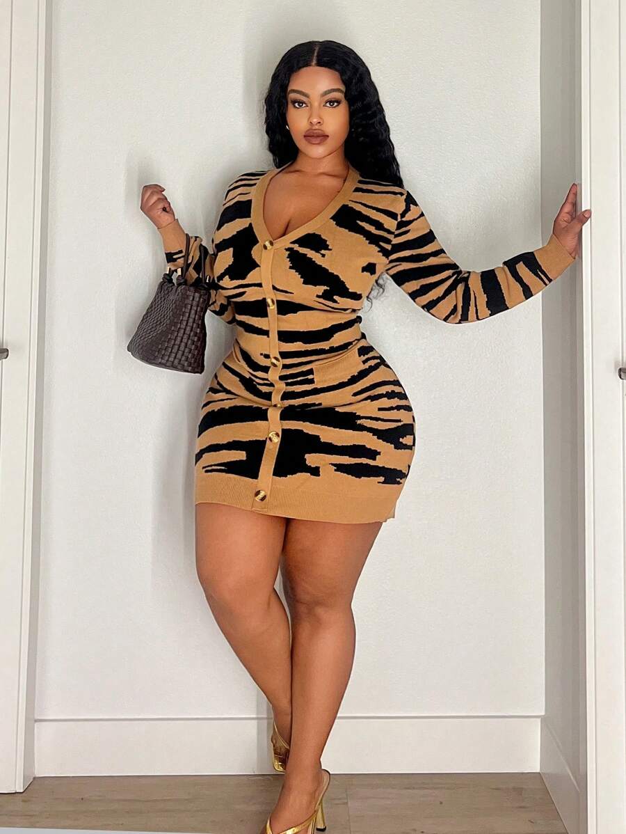 Maweii Plus Size Women Zebra Striped Pattern V-Neck Long Sleeve Button Bodycon Sweater Dress, Autumn/Winter - Multicolor - View 1