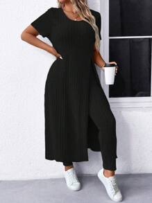 SHEIN LUNE 2pcs Plus Size Women Summer Solid Round Neck Short Sleeve Side Split Hem Ribbed T-Shirt And Pants Casual Set Ribbed Leggings Setcasual Two Pieces Set - Black - View 6