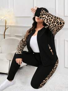 SHEIN LUNE Conjunto informal de 2 piezas de chaqueta de manga raglán con estampado de leopardo y pantalones para mujer talla grande, primavera-otoño - Negro - Ver 1