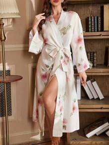 LuxeNights Floral Print Ruffled Belted Long Sleeve Maxi Length Robe Perfect Summer, Cozy And Elegant Details, Fall & Winter - Multicolor - View 3