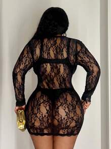 Maweii 大码蕾丝拼布透明迷你连衣裙 - 黑色 - 查看 2