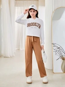 SHEIN Conjunto informal de sudadera de forro polar estampada y mono para niñas adolescentes, otoño/invierno - Multicolor - Ver 3